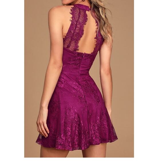 New ~ LULU'S ~ Truly Stunning Dark Magenta Lace Skater Dress Size Small - Picture 2 of 10